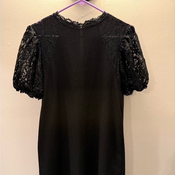 Zara Womens Floral Lace Shift Dress Puff Sleeve Waffle Knit Back Keyhole Black m - Picture 1 of 6